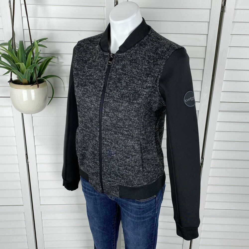 Bebe Sport Black Knit Jacket Scuba Sleeves Logo Patch Womens Size M Olympics '17